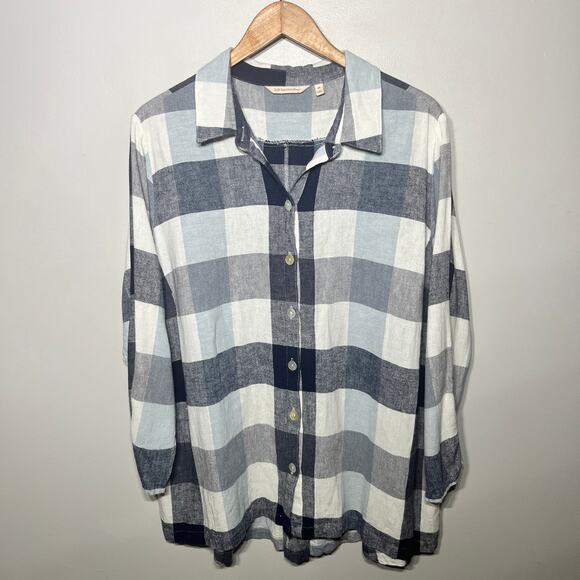 Soft Surroundings Tunic Button Blue Plaid Zip Back Linen Rayon Fall Casual 2X - Picture 1 of 8